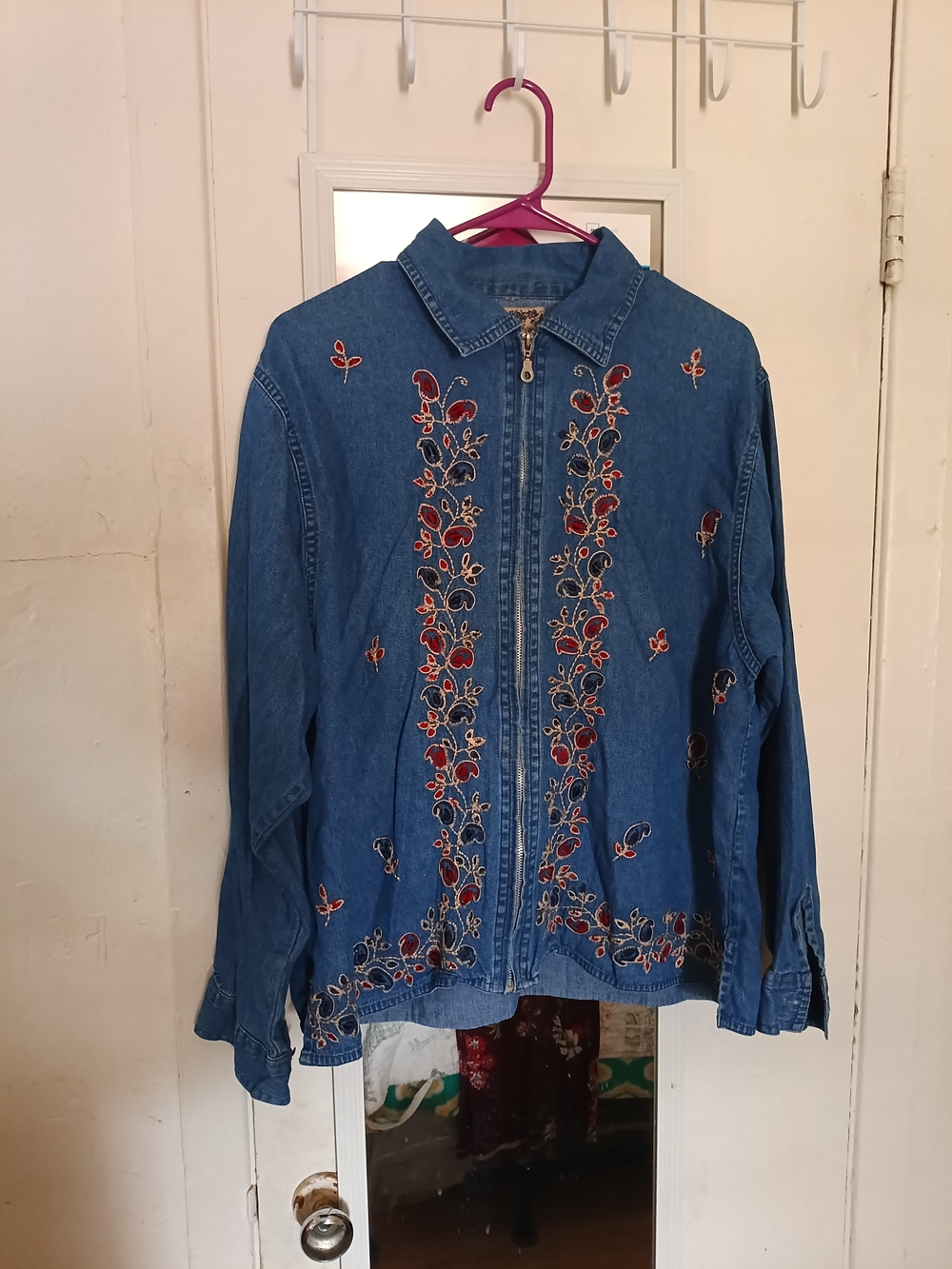 Vintage Blue Denim Zip-Front Jacket with Red & Cream Embroidery